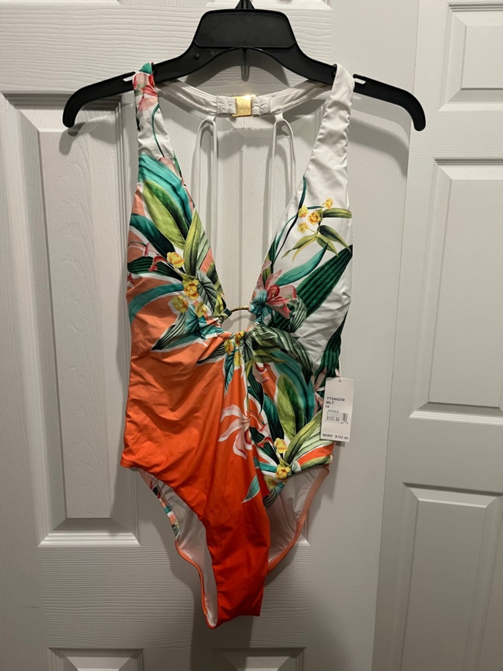 Trina Turk Tropical Ring-Front One-Piece in Orange, White & Green